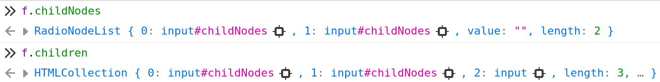 Screenshot comparing devtools results for childNodes versus children property